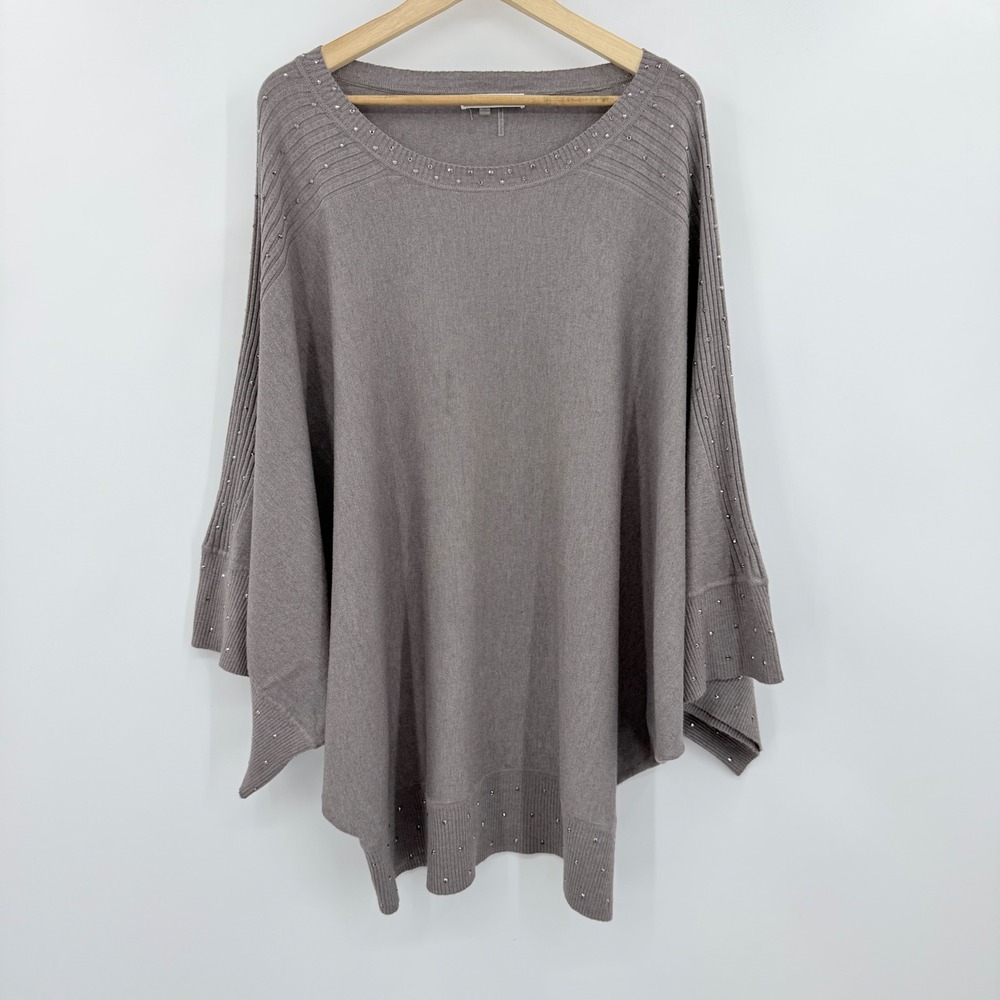 Liquid by Sioni XL Taupe Brown Studded Knit Poncho Batwing Sweater Wool Blend